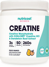 Nutricost Creatine Monohydrate for Women bottle shows peach mango flavor and 50 servings.