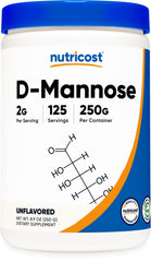 Nutricost D-Mannose powder bottle label close-up, emphasizing purity and gluten-free quality.