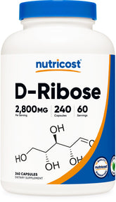 Nutricost D-Ribose bottle front showing 240 veggie capsules for daily use