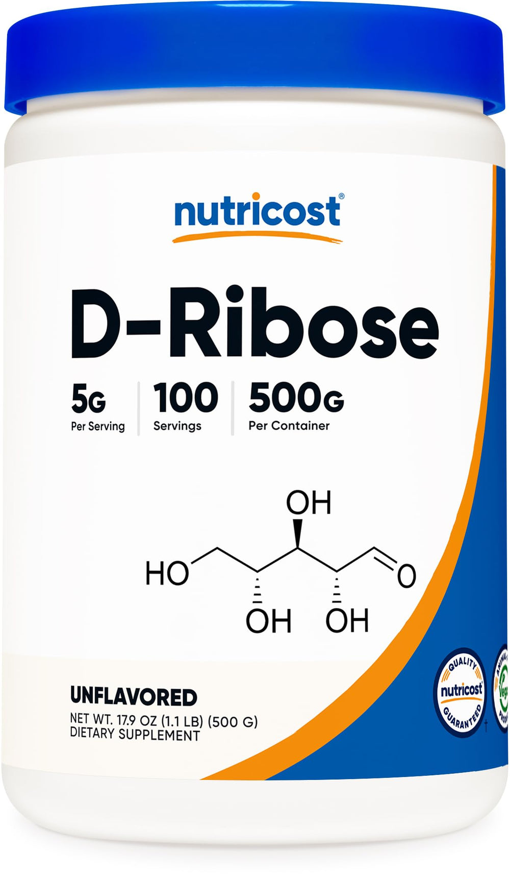 Nutricost D-Ribose powder bottle with 500 g for daily use and convenient dosing.