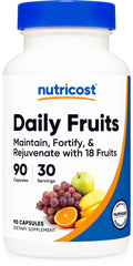 Nutricost Daily Fruits bottle with 18-fruit blend for daily wellness support.