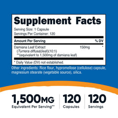 Nutricost Damiana Leaf Capsules close-up showing 1500 mg extract per serving.