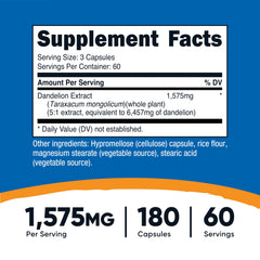 Closeup of Nutricost Dandelion Extract capsules showing 5:1 extract potency.