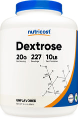 Nutricost Dextrose powder bottle shows purity and 10 lb size for versatile use.