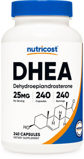 Nutricost DHEA 25mg capsules bottle; convenient daily supplement for your routine.