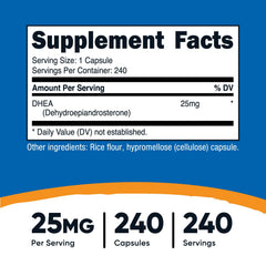 Close-up of Nutricost DHEA 25mg capsules; easy-to-swallow daily option.