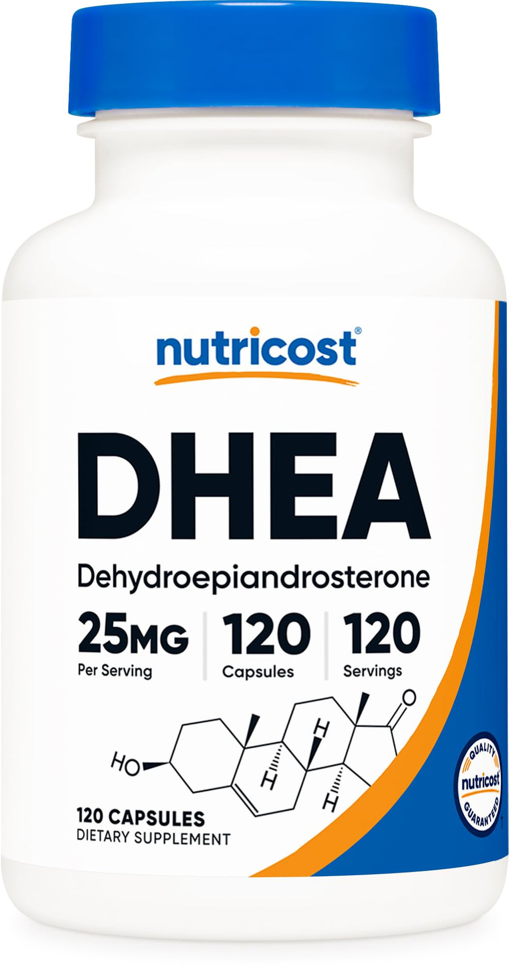 Nutricost DHEA bottle front view highlights 25 mg capsules for daily use.