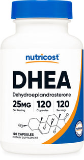 Nutricost DHEA bottle front view highlights 25 mg capsules for daily use.