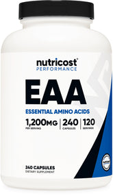 Nutricost EAA Capsules bottle with 120 servings for daily wellness support
