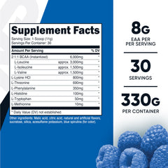 Nutricost EAA Powder blue raspberry label close-up with testing notes.