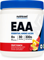 Nutricost EAA Powder Fruit Punch bottle ready for post workout amino acid support
