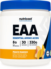 Nutricost EAA Powder Peach Mango tub with label, supporting daily protein intake with essential amino acids.