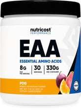 Nutricost EAA Powder Pog flavor packaging, convenient 30-serving container for on-the-go mixing.