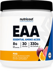 Nutricost EAA Powder Pog flavor packaging, convenient 30-serving container for on-the-go mixing.