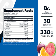 Nutricost EAA Powder Pog label on glass jar, clear ingredients for informed choices.