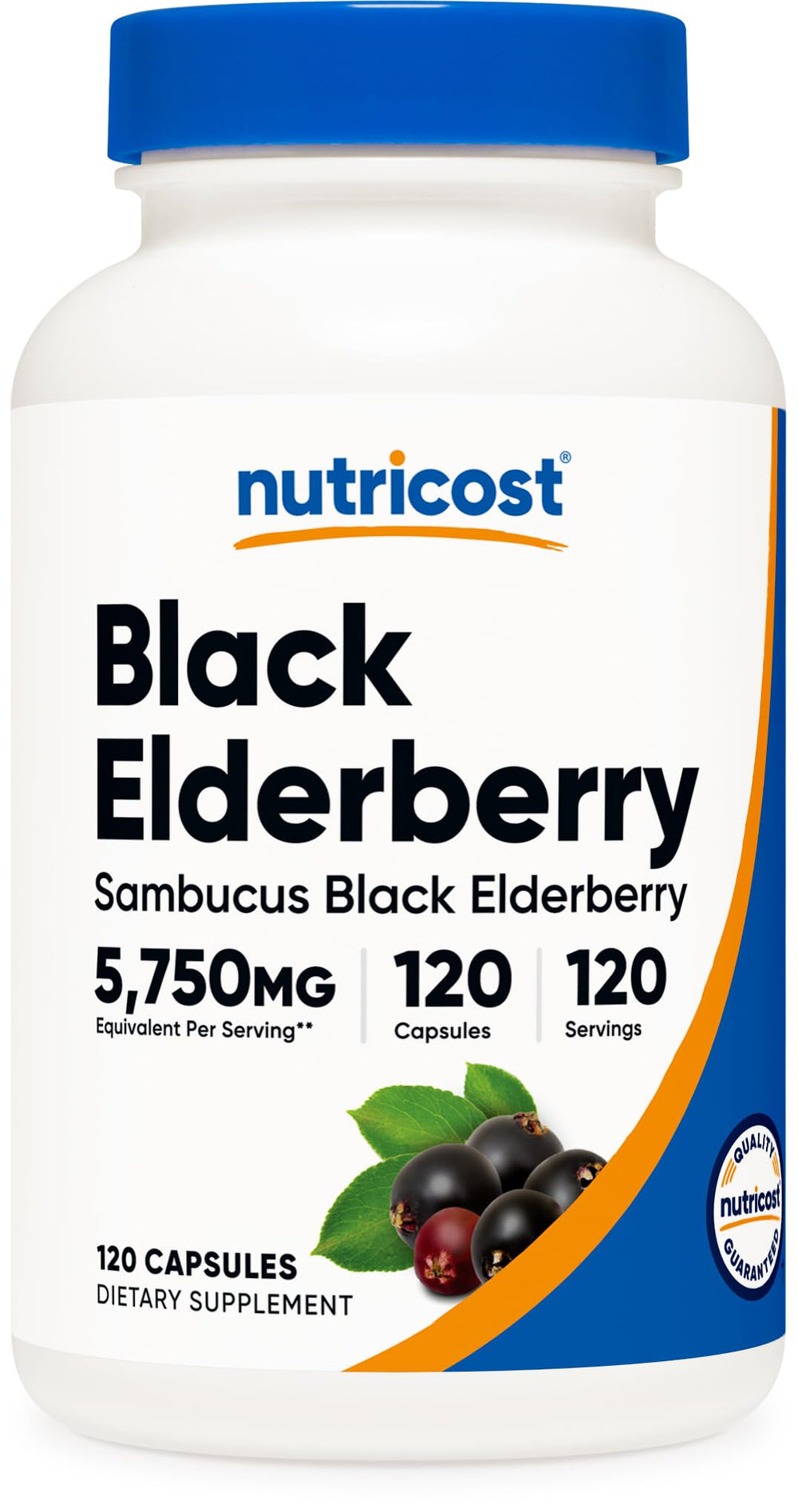 Nutricost Elderberry Capsules bottle shows 575mg potency for daily wellness.