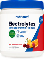 Nutricost Electrolyte Complex Powder fruit punch tub for quick hydration on the go