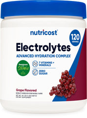 Nutricost Electrolyte Complex grape powder in tub for on the go hydration.