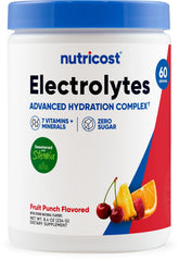 Nutricost Electrolyte Complex Powder jar label highlighting vitamins and minerals for hydration.