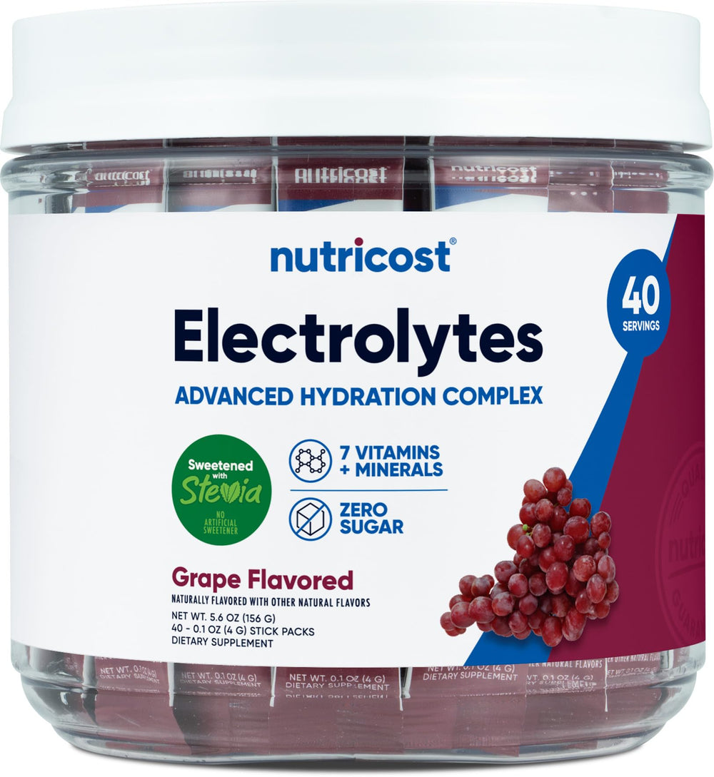 Nutricost Electrolytes Complex grape stickpack for convenient on-the-go hydration.