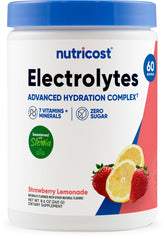 Nutricost Electrolytes Complex Strawberry Lemonade bottle pour supports on-the-go hydration.
