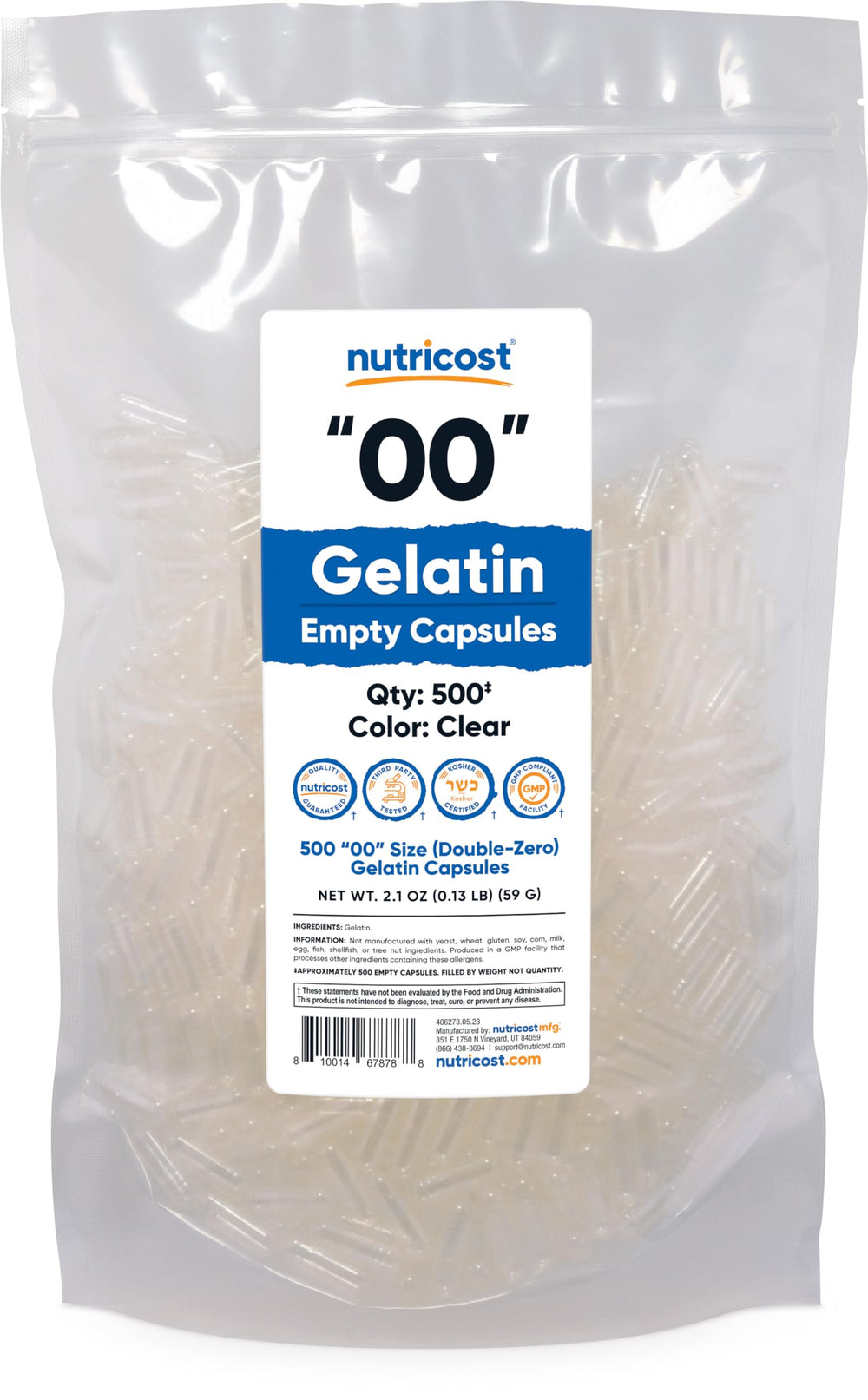 Nutricost empty capsules size 00 in clear bottle, ideal for customizable blends.