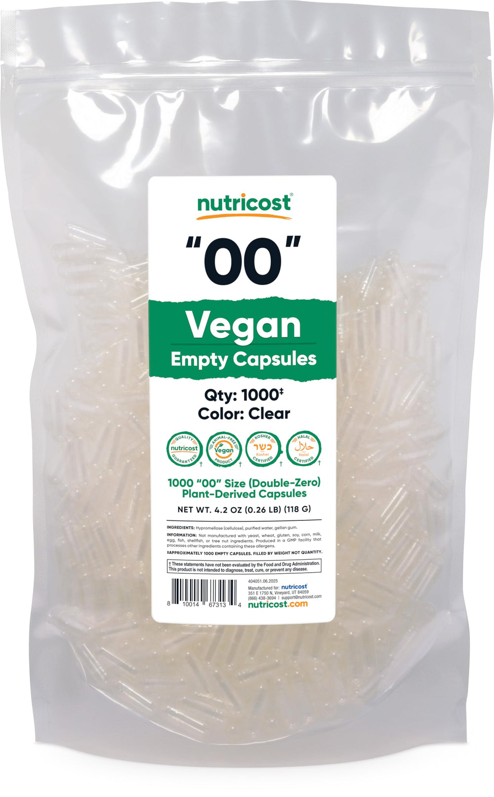 Nutricost empty capsules size 00 vegan clear ideal for DIY supplement blends.