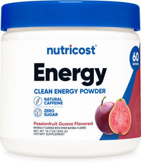 Nutricost Energy Drink Powder tub in Passionfruit Guava for pre-workout energy