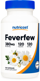 Nutricost Feverfew capsules bottle front highlights vegan, clean formula