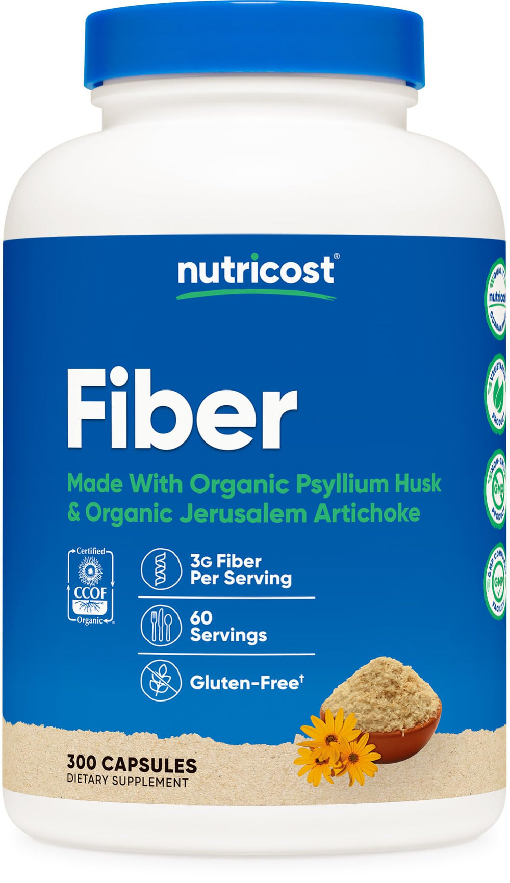 Nutricost Fiber Capsules bottle shows organic ingredients for daily fiber support.