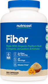 Nutricost Fiber Capsules bottle shows organic ingredients for daily fiber support.