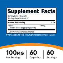 Nutricost Fisetin capsules 100 mg serving label highlights consistent daily dosage.
