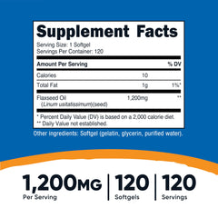 Close-up of Nutricost flaxseed oil softgels highlighting a 1200mg serving.