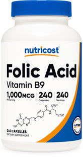 Nutricost Folic Acid 1000 mcg bottle front, supports daily wellness in a simple capsule routine