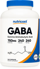 Nutricost GABA 750mg bottle with capsules for daily calm support.