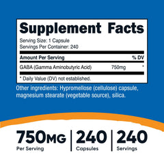 Nutricost GABA capsules close-up highlighting non-GMO and gluten-free formulation.