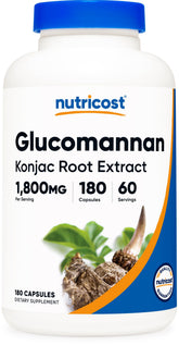 Nutricost Glucomannan bottle shot showing vegan, gluten-free formula for daily fiber intake.