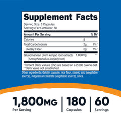 Nutricost Glucomannan capsules closeup emphasizing 1,800mg per serving for convenient intake.