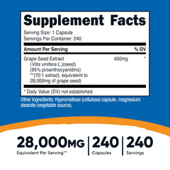 Nutricost Grape Seed Extract label close-up showing 28,000 mg per serving