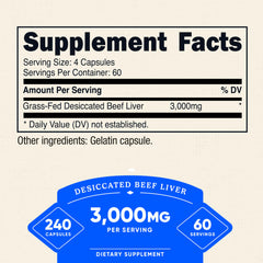 Nutricost beef liver capsules close-up showing capsule texture and dosage