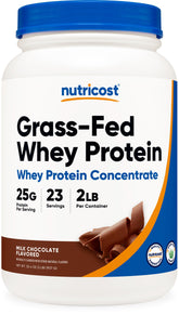 Nutricost Grass-Fed Whey Chocolate bottle pour shows a smooth, protein-rich shake on the go.