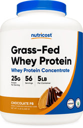 Nutricost grass-fed whey packaging showcases chocolate peanut butter flavor for convenient daily shakes