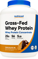 Nutricost grass-fed whey packaging showcases chocolate peanut butter flavor for convenient daily shakes
