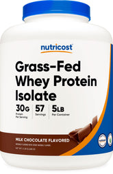 Nutricost grass-fed whey isolate chocolate bottle on counter for an easy protein mix