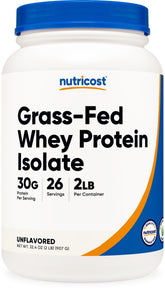 Nutricost grass-fed whey isolate bottle shows pure protein base for shakes