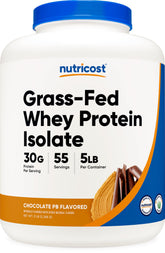 Nutricost grass-fed whey protein isolate jar, chocolate peanut butter flavor, high-protein option.