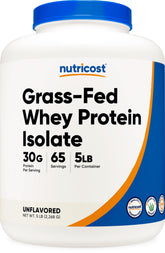 Nutricost Grass-Fed Whey Protein Isolate bottle with unflavored powder for clean shakes.