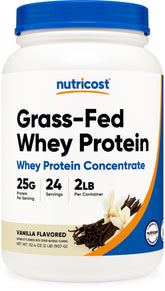 Nutricost Grass-Fed Whey Vanilla bottle shown for post-workout nutrition.