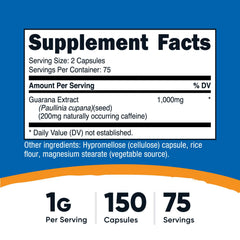 Closeup of Nutricost Guarana capsules highlighting vegetarian formula