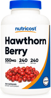 Nutricost Hawthorn Berry capsules bottle highlights 550mg per serving for daily wellness.